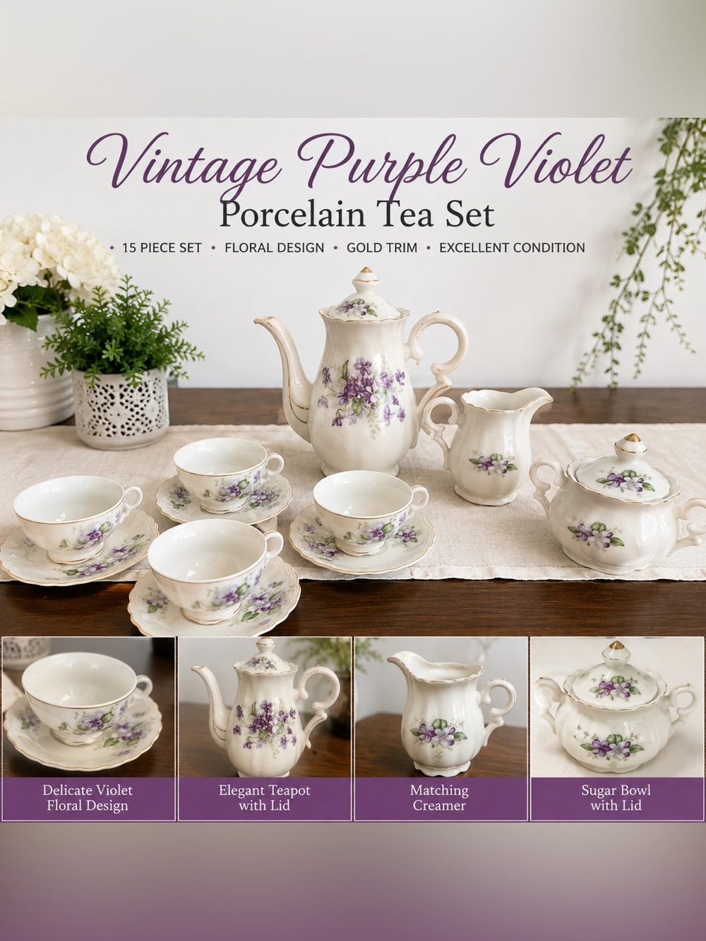Vintage Purple Violet Porcelain Tea Set – 8 Piece Set